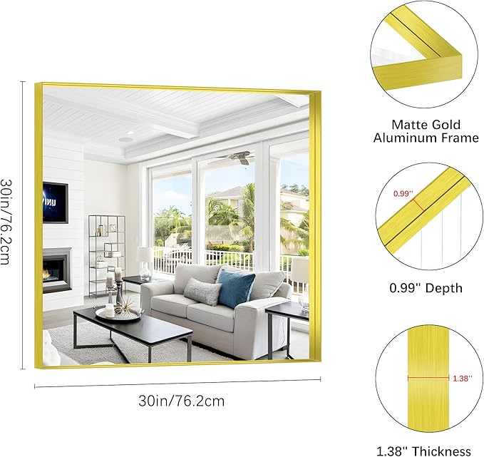Gold Bathroom Mirror, 30x30 Inch Rectangular Framed Mirror, Large Wall Mounted Bathroom Vanity Mirror Over Sink for Bedroom,Restroom, Living Room, Hangs Vertically or Horizontally