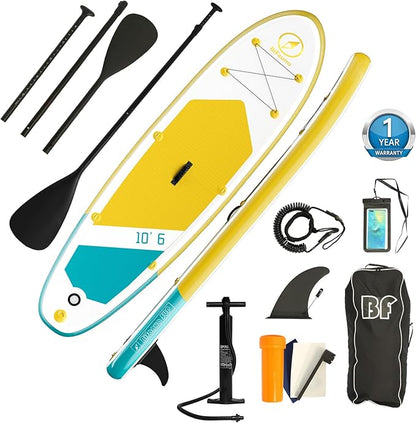 Inflatable Stand Up Paddle Board with SUP Accessories & Backpack. Paddle Boards for Adults. Non-Slip Deck, Wide Stance, Bottom Fin, Double Action Pump.