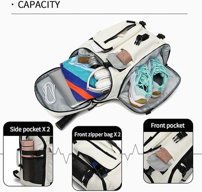 Gym Duffle Tennis Bag Backpack 4-Way Waterproof with Shoes Compartment for travel Sport Hiking laptop (Sea salt white02)