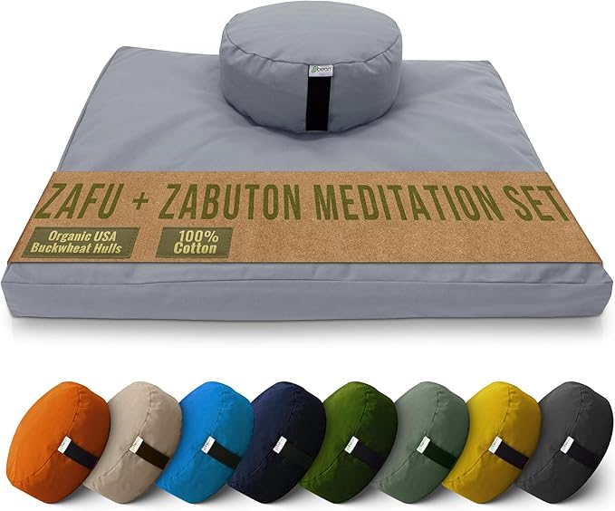 Bean Products Meditation Cushion Mat Set - Zafu Floor Pillow Organic Buckwheat Pillow + Cotton Filled Zabuton Prayer Pad - Meditation Pillow Yoga Knee Pad - Made in USA - 14" Round or 18" Oval
