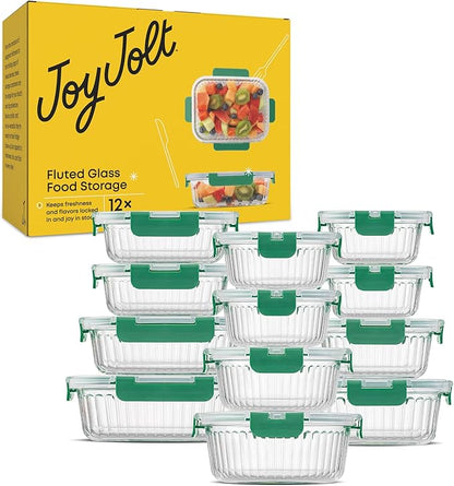JoyJolt 24pc Borosilicate Glass Storage Containers with Lids | 12 Airtight/Freezer Safe Food Storage Containers for Pantry and Kitchen | Meal Prep Container for Lunch | Glass Tupperware Set