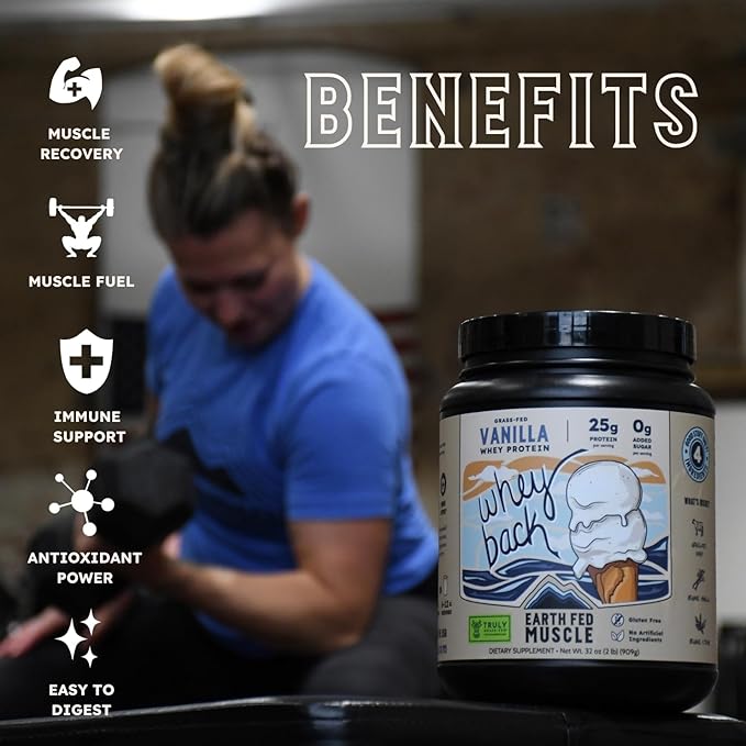 Earth Fed Muscle Whey Back Irish Grass Fed Whey Protein Isolate - NSF-Certified. No Artificial Ingredients, Soy Free, Gluten Free, Non-GMO and Hormone Free (2 Pound, 29 Servings, Vanilla)