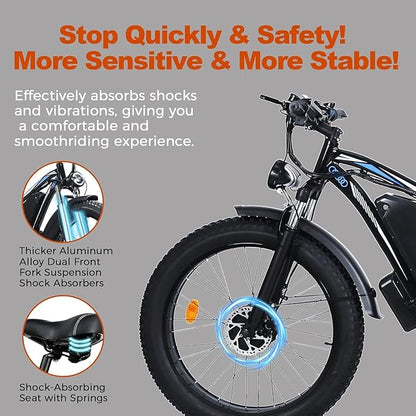 Electric Bike for Adults,39MPH/36MPH-100 Miles/90 Miles（3000W/2000W） Electric Bicycle with 52V/48V/23Ah Battery, 26''Fat Tire Fast E-Bike