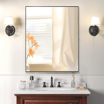 24x32 Inch Black Bathroom Mirror for Wall, Aluminum Frame Rectangle Rectangular Vanity Mirror, Modern Large for Bedroom, Living Room, Horizontal or Vertical