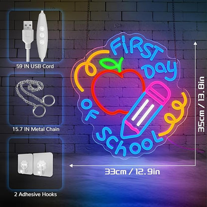 First Day of School Neon Sign for Classroom,Classroom Neon Sign,Colorful LED Back to School Wall Decor,Apple and Pencil Neon Light Sign for Classroom,Preschool,Photo Backdrop,Kids Room