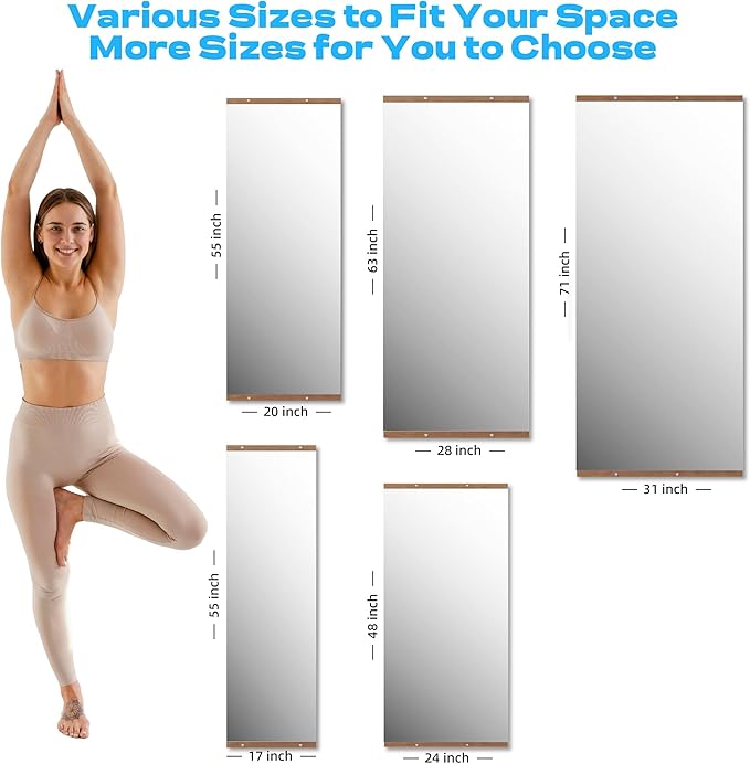 Hasipu 3Pcs 55''x17'' Home Gym Mirror Large Full Length Wall Mounted Full Body Mirror for Yoga Dance Fitness Exercise Studio Bedroom Garage, Frameless Tempered Glass Workout Mirrors Walnut Rectangular