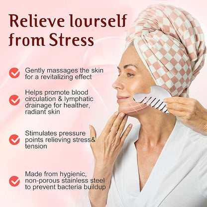 Gua Sha Facial Tool and Face Roller Set, Stainless Steel Lymphatic Drainage Massager for Face, Head, Eyes, Chin and Jaw, Lifting, Massage Scraping with Travel Pouch