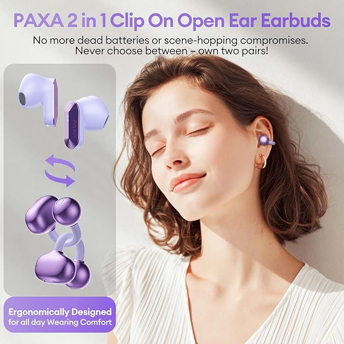 2 in 1 Clip on Open Ear Headphones Wireless Earbuds, 0 Delay Bluetooth 6.0, Ultra-Long 140H Play, Auto L-R Recognition Touch Control, Hybrid Noise Reduction for Work Fitness Daily Use, Ctbuds Purple
