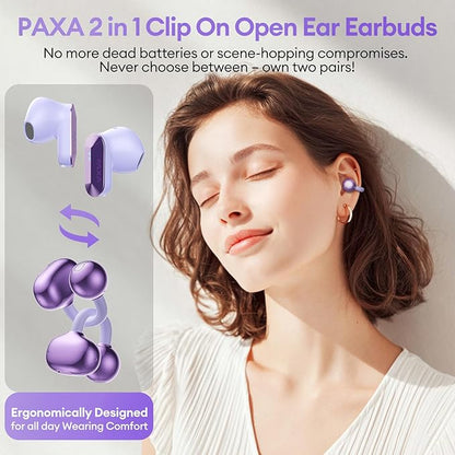 2 in 1 Clip on Open Ear Headphones Wireless Earbuds, 0 Delay Bluetooth 6.0, Ultra-Long 140H Play, Auto L-R Recognition Touch Control, Hybrid Noise Reduction for Work Fitness Daily Use, Ctbuds Purple