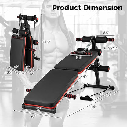 GYMAX Sit Up Bench, 330lbs Folding Decline Workout Bench with Spring Handle, Elastic Ropes & 4 Level Adjustable Height, Incline Weight Bench for Situp, Ab Crunch, Strength Training Exercise for Home Gym