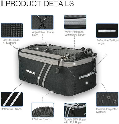 JXFUKAL Rear Bike Rack Bag with Rain Cover, 7L/9L/10L/12L Waterproof Bicycle Ebike Saddle Bag Cycling Pannier Trunk Carrier with Reflector & Adjustable Cord for Commuter Travel Outdoor