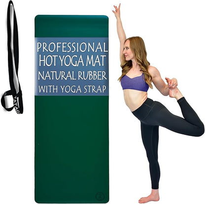 Tatago Hot Yoga Mat Non Slip-Professional Grade Natural Rubber Yoga Mat, Pliates Mat, Stretching Mat or exercise mats for home workout. Nonslip for Hot and Sweaty Classes. Includes Yoga Strap for Carrying and Stretching too.