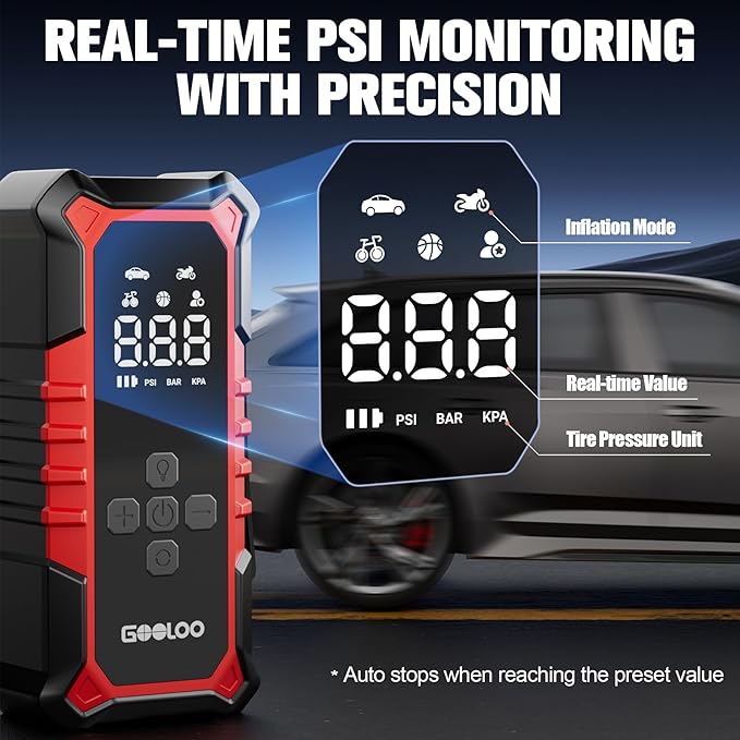 GOOLOO A6 Gear Tire Inflator Portable Air Compressor, 160 PSI Cordless Tire Inflator with Digital Pressure Gauge ＆LED Light, Air Pump for Car Tires, Bike, Motorcycle, Balls