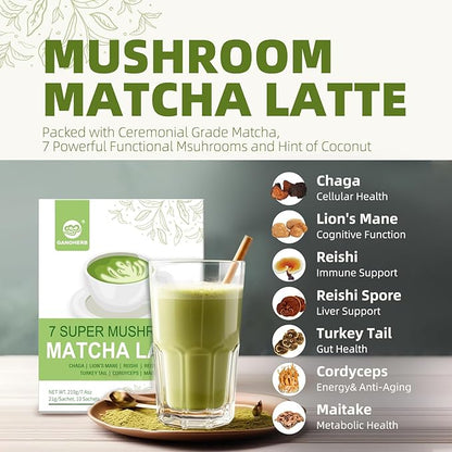 GANOHERB Mushroom Matcha Powder Latte Mix, 7.4 Ounce, 7 Superfood Mushrooms with 25% Beta-Glucans, Lions Mane, Reishi, Chaga, Coconut Powder, Ceremonial Grade Matcha Tea