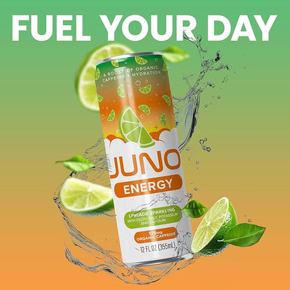JUNO ENERGY Limeade Sparkling Energy Drink - Sugar Free Electrolytes, Energizing and Hydrating with 125mg Organic Caffeine from Green Coffee Beans, Organic Monk Fruit, Lime Juice & Electrolytes - Vegan, Gluten Free, 12 Pack