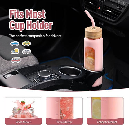 Kodrine Water Bottle with Straw, 24 oz Glass water Bottle with 2 Lids Bamboo Straw Lid and Spout Lid with Handle, 32 oz Clear Water Bottle Glass for Sports Travel, Waterbottle with Time Marker