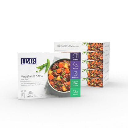 HMR Vegetable Stew with Beef Entrée | Pre-packaged Lunch or Dinner to Support Weight Loss | Ready to Eat | 13g of Protein | Low Calorie Food | 8oz Serving per Meal | Pack of 6