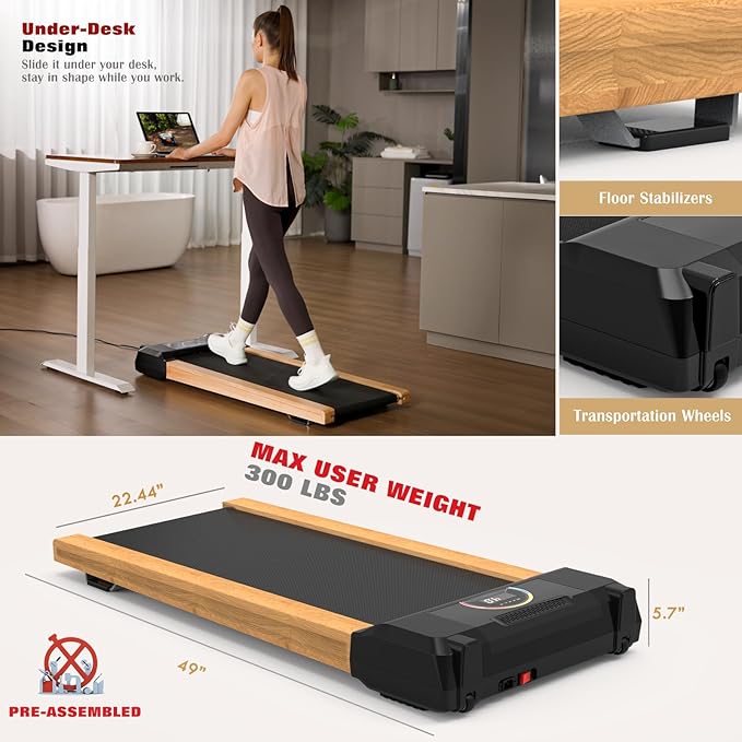 Walking Pad, High Grade Wood Under Desk Treadmill 300LBS Capacity, Max 2.5 HP Electric Treadmill for Home Office Installation-Free with Remote Control LED Display High