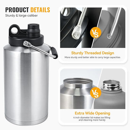 Kerilyn Insulated Gallon Jug with Handle, One Gallon, 128oz Stainless Steel, Large Double Vacuum Water Bottle for Hot & Cold Drinks, Wide Mouth, Sweat Proof, Great for Travel, Camping, Stainless