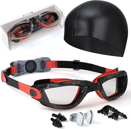 Kids Swim Goggles, Swimming Goggles for Kids Toddlers 3-14 with Swim Cap, Nose Clip, Nose Bridge, Ear Plugs