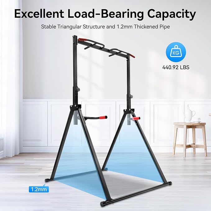 Foldable Power Tower Pull Up Bar Dip Station, 200kg/440.92lbs Triangular Pull Up Bar Station Adjustable, Multi-Function Strength Training Fitness Equipment for Home Gym