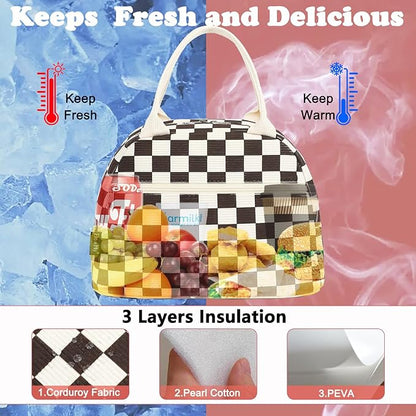 FlowFly Lunch Bag for Women Insulated Lunch Box Corduroy Lunch Tote Cooler for Travel Work Picnic,Corduroy Plaid Coffee