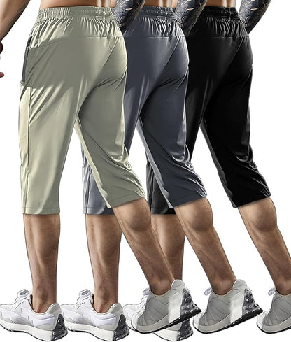 Men's Capri Pants 3/4 Joggers Gym/Workout/Hiking Below Knee Long Shorts Lightweight Quick Dry with Zipper Pockets