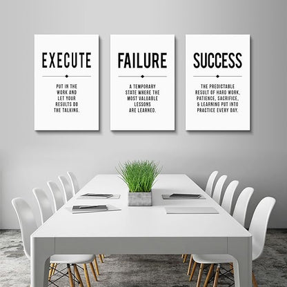 Framed Canvas Wall Art Success Quote, Office Wall Art, Black Large Poster, Positive Motivational Set of 3 Prints, Execute Failure Success Poster, Inspirational Print (D-3pcs,16x24inchx3pcs)