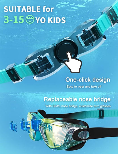 Kids Swim Goggles, Swimming Goggles for Kids with Nose Clip, Earplugs, Nose Bridge for Age 3-15
