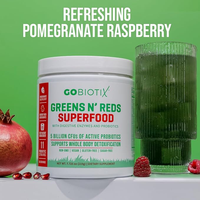 GOBIOTIX Super Greens and Reds Powder - Red and Green Superfood - Probiotic Supplement - Digestive Enzymes and Beet Root Powder - Organic Whole Foods Dietary Supplement (Pom Raspberry, 3 Pack)
