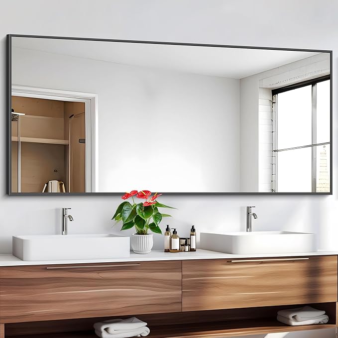 Black Bathroom Mirror for Wall, 72x36 Inch Rectangle Mirrors with Metal Frame, Modern Vanity Wall Mirror Decor for Entryway Hangs, Bathroom Living Room Horizontal or Vertical