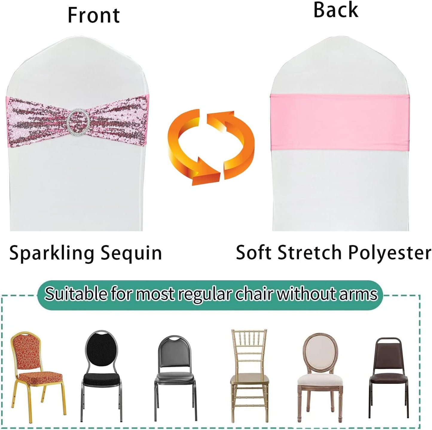 10 Pcs Chair Sashes Sequin Stretch Chair Bands Spandex Polyester Bows for Party Hotel Wedding Banquets Decoration - Pink