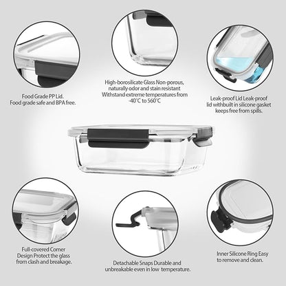 Glass Food Storage Containers with Lids Airtight, Glass Meal Prep Containers with Snap Lids for Food, Bpa-free,Easy to Open&Close/Microwave,Oven,Freezer,Dishwasher Safe/Leak-proof [10 Pack]