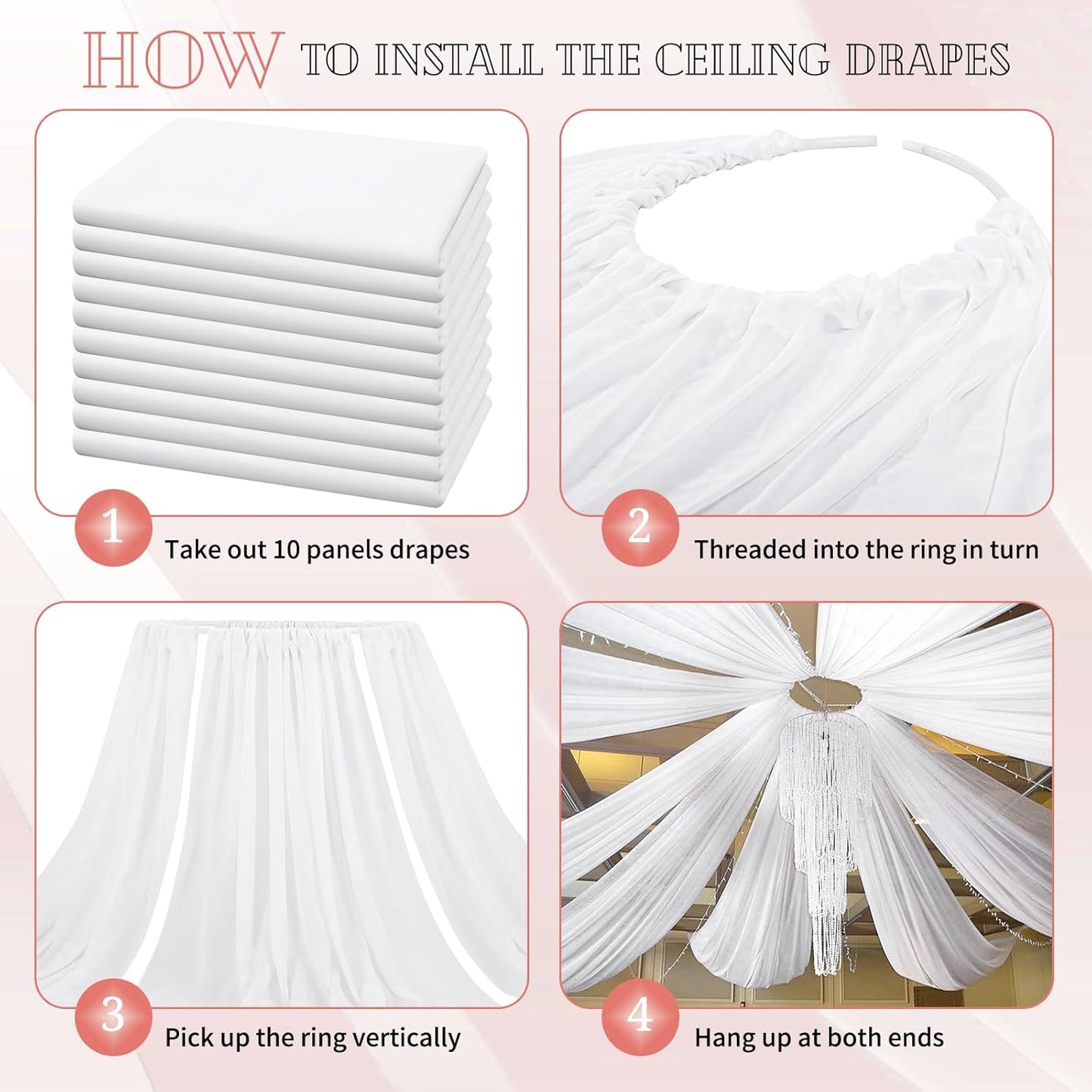 10 Panels White Ceiling Drapes for Wedding 5ftx10ft Sheer Drapery Chiffon Fabric Arch Draping Curtains for Party Ceremony Birthday Baby Shower Reception Stage Ceiling Decorations