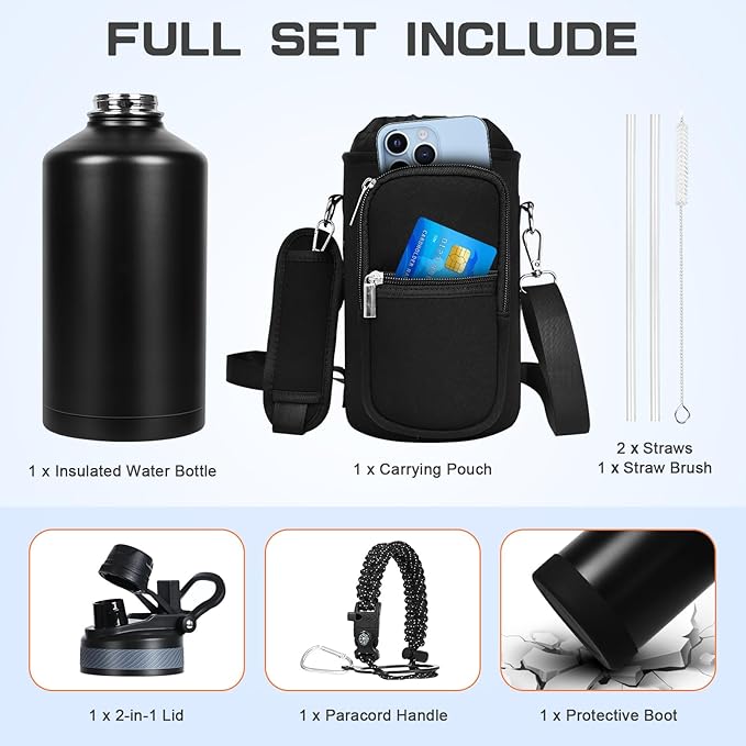 1 Gallon Water Bottle Insulated, Leak Proof 128 oz Stainless Steel Water Jug with Straw/Spout 2-in-1 Lid, Sleeve, Paracord Handle, Silicone Boot, One Gal Metal Canteen for Gym Sports Camping