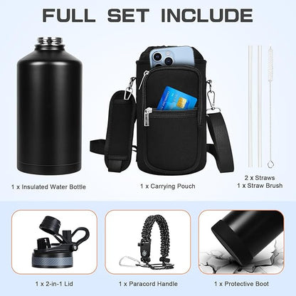 1 Gallon Water Bottle Insulated, Leak Proof 128 oz Stainless Steel Water Jug with Straw/Spout 2-in-1 Lid, Sleeve, Paracord Handle, Silicone Boot, One Gal Metal Canteen for Gym Sports Camping