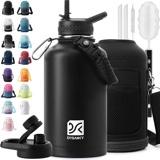 Insulated Water Bottle | Thickened Stainless Steel Vacuum Metal | Portable Sports Half Gallon Large Water Jug for Gym and Hiking with Straw, Carrier Bag, Handle Strap | BPA-Free 64 oz