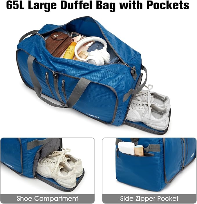 G4Free 40L/65L Foldable Duffel Bag, Water-Repellent Travel Backpack, Lightweight Carry Bag for Overnight Weekender Sports Men Women