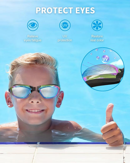 Kids Swim Goggles, Swimming Goggles for Kids with Nose Clip, Earplugs, Nose Bridge for Age 3-15
