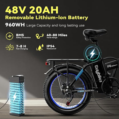Foldable Electric Bike for Adults, 30+MPH, 48V 20Ah Removable Lithium Battery up to 80Miles, 20" Fat Tire 1000W Peak Motor Dirt Ebike Adult Electric Bicycle for Commute Beach Mountain E Bike