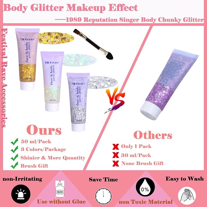 Body Glitter Face Glitter Gel: Singer Concerts Disco Festival Rave Accessories Face Glitter Makeup 150ml Chunky Sequins Mermaid Face Body Hair Glitter Gel (White&Silver&Gold)