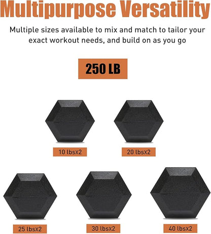 Ritafer 6-10 Pair Hex Rubber Dumbbell Set 350/450 and 550 lbsï¼?-50 lbs ）Hand Free Weight for Strength Coated Encased Iron Weights with Dumbbells Storage Rack Home Gym