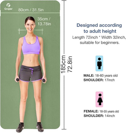 Thick Yoga Mat Non Slip, Large Size 72" L x 32" W x 0.6" TH, Premium Exercise & Fitness Mat with Carrying Strap and Bag, Workout Mats for Home