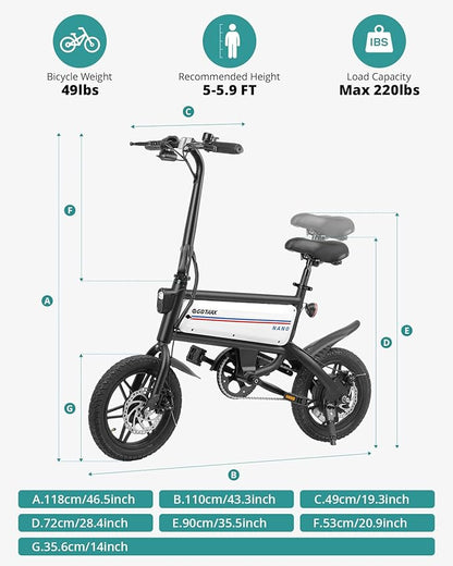 Gotrax Nano 14" Electric Bike, Max Range 25Miles(Pedal-Assist)&Max Speed 15.5Mph, 350W Folding E-Bike with Removable Battery, Adjustable Seat & Dual Mudguards, Commuter Electric Bicycle for Ages 13+