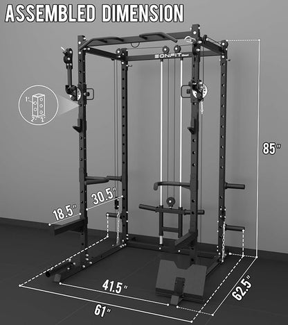 Eonfit E2 Power Cage，1500LB Squat Rack with Cable Crossover System.Multi-Function Power Rack for Home Gum.All-in-One Squat Rack with More Training Attachments