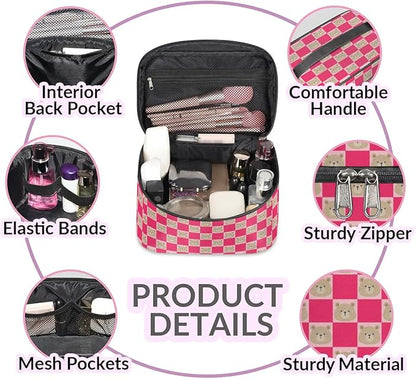 Large Makeup Bag Travel Cosmetic Bags for Women Pink Cute Checkered Plaid Bear Animal Makeup Organizer Case Toiletry Bag for Girls Traveling Wide Open Portable Pouch with Handle
