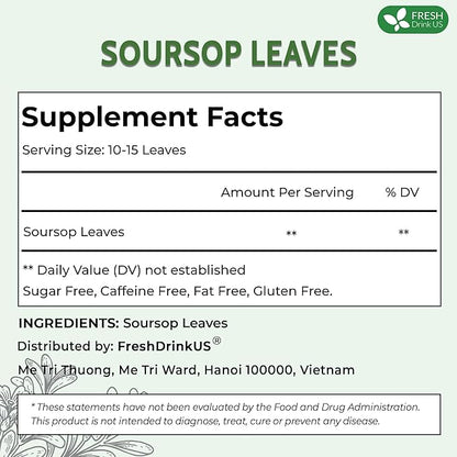 FreshDrinkUS, 75+ Premium Soursop Graviola Dried Leaves Tea, Natural Whole Leaves, Wildcrafted, Hoja De Guanabana, Soursop/Guanabana/Graviola Tea, No Sugar/Gluten/Caffeine/Non GMO, Vegan