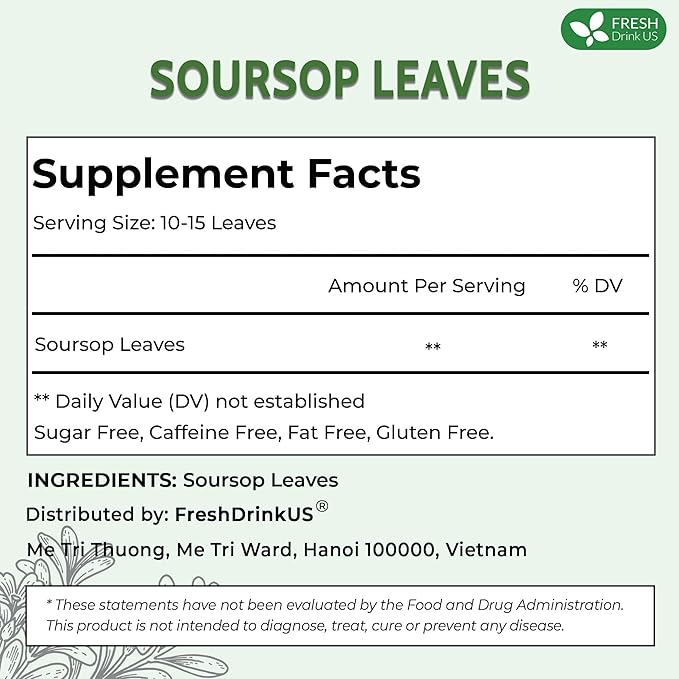 FreshDrinkUS, Premium 275+ Soursop Graviola Whole Dried Leaves Tea, 275-300 Soursop Graviola Guanabana Whole Leaves, Wildcrafted, Hoja Guanabana Loose Leaf Herbal Tea, No Gluten, Vegan