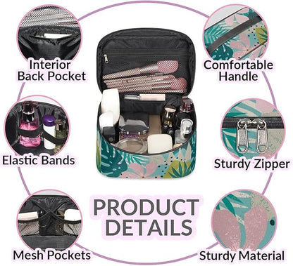 Large Makeup Bag Travel Cosmetic Bags for Women Teal Pink Tropical Palm Flower Floral Makeup Organizer Case Toiletry Bag for Girls Traveling Wide Open Portable Pouch with Handle
