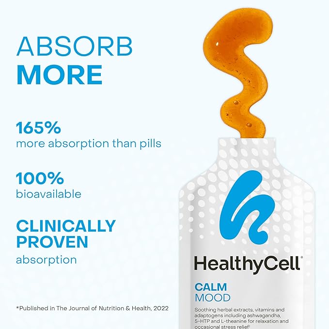 Healthycell Calm Mood Daily Liquid Supplement - Cortisol Manager & Mood Support Supplement for Stress with Ashwagandha, L-Theanine, Magnesium, 5-HTP, GABA & Saffron - 14 Gel Packs